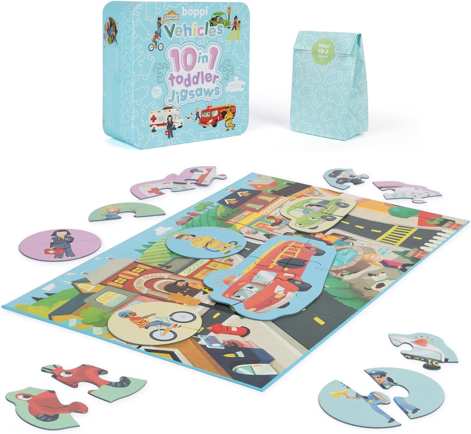 10 Puzzles in 1 Premium Progressive Jigsaw Puzzles for Toddlers 18 Months Plus With Gift Box - Vehicles Puzzles for Toddlers/Child Development Toys - Car Puzzles by boppi - 100% Recycled Card