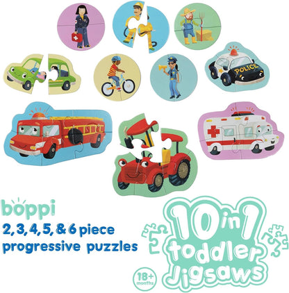 10 Puzzles in 1 Premium Progressive Jigsaw Puzzles for Toddlers 18 Months Plus With Gift Box - Vehicles Puzzles for Toddlers/Child Development Toys - Car Puzzles by boppi - 100% Recycled Card