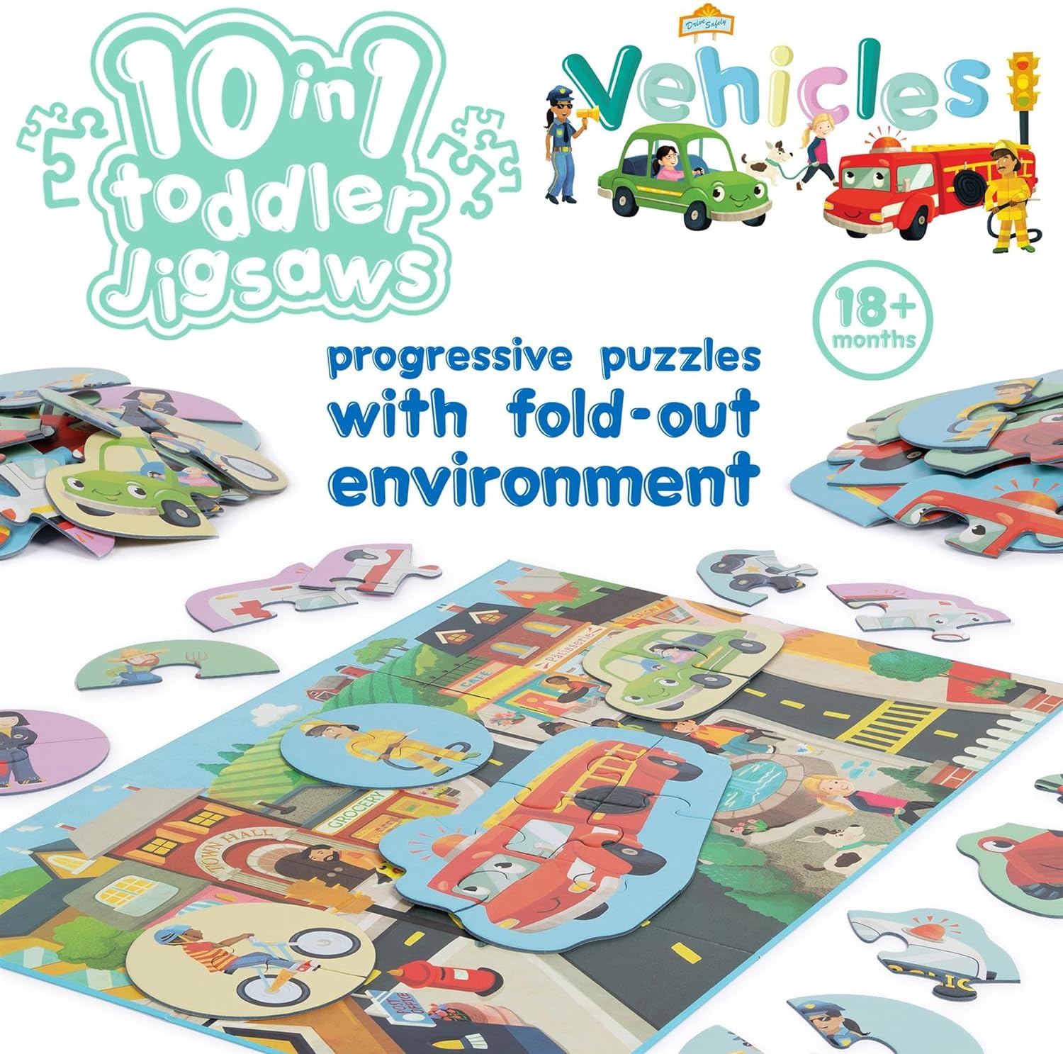 10 Puzzles in 1 Premium Progressive Jigsaw Puzzles for Toddlers 18 Months Plus With Gift Box - Vehicles Puzzles for Toddlers/Child Development Toys - Car Puzzles by boppi - 100% Recycled Card