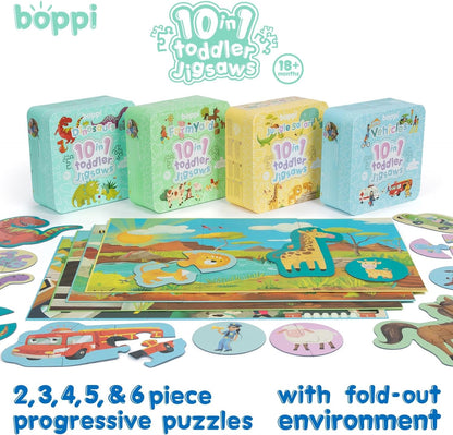 10 Puzzles in 1 Premium Progressive Jigsaw Puzzles for Toddlers 18 Months Plus With Gift Box - Vehicles Puzzles for Toddlers/Child Development Toys - Car Puzzles by boppi - 100% Recycled Card