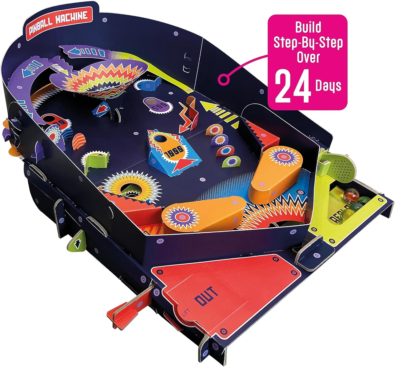 Build Your Own Pinball Machine Advent Calendar Arcade Retro Classic Toy - Eco-Friendly Cardboard Craft Kit - Ages 8+