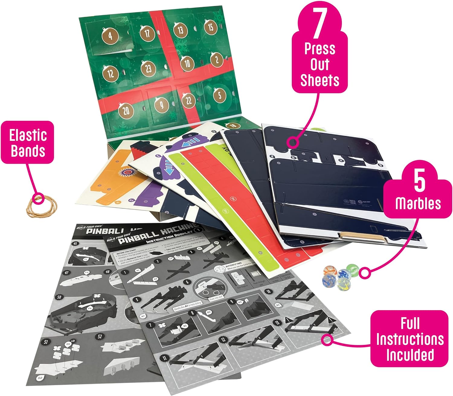 Build Your Own Pinball Machine Advent Calendar Arcade Retro Classic Toy - Eco-Friendly Cardboard Craft Kit - Ages 8+