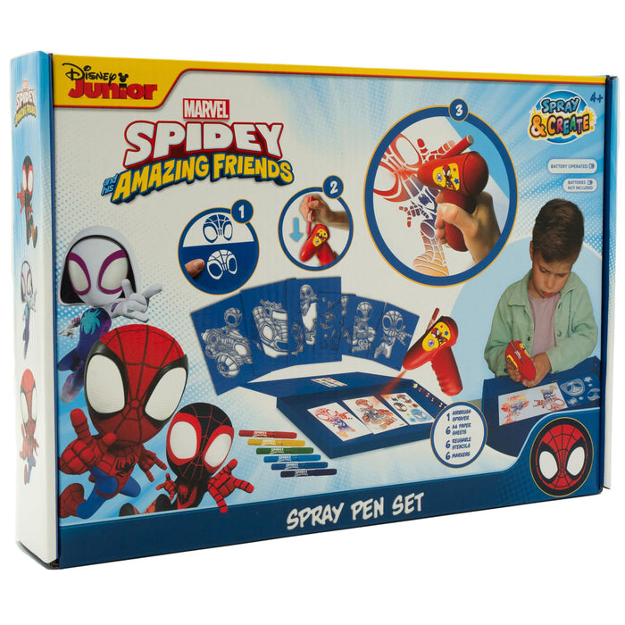 Disney - Marvel - Spidey and his Amazing Friends - Sprühstift-Set Batterie - Airbrush für Kinder - Malset mit Buntstiften und Malvorlagen