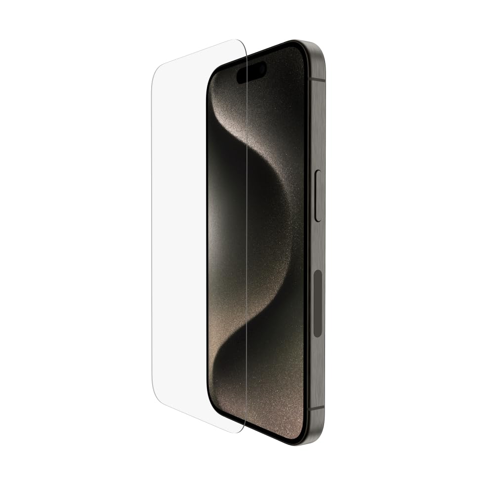 Belkin protector de pantalla con revestimiento ScreenForce UltraGlass 2 para iPhone 15 Pro, antiarañazos, grado 9H de dureza, bandeja de alineación fácil, sin burbujas, ultrafino, cobertura total