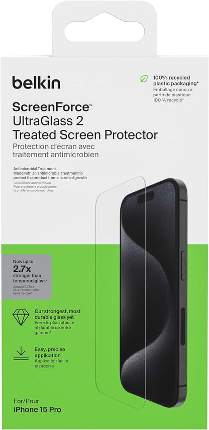 Belkin protector de pantalla con revestimiento ScreenForce UltraGlass 2 para iPhone 15 Pro, antiarañazos, grado 9H de dureza, bandeja de alineación fácil, sin burbujas, ultrafino, cobertura total