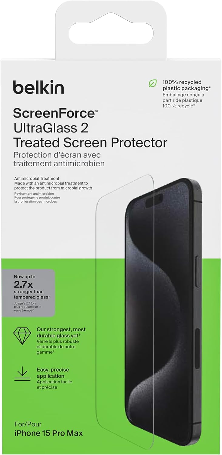 Belkin ScreenForce UltraGlass 2 Treated iPhone 15 Pro Max Screen Protector, Scratch-Resistant, 9H Hardness Tested Glass with Slim Design, Includes Easy Align Tray for Bubble-Free Application
