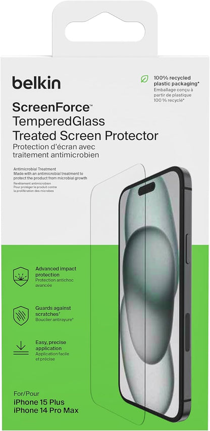 Belkin protector de pantalla ScreenForce TemperedGlass con revestimiento para iPhone 15 Plus/14 Pro Max, claridad y nitidez cristalinas, antiarañazos, bandeja de alineación fácil, sin burbujas