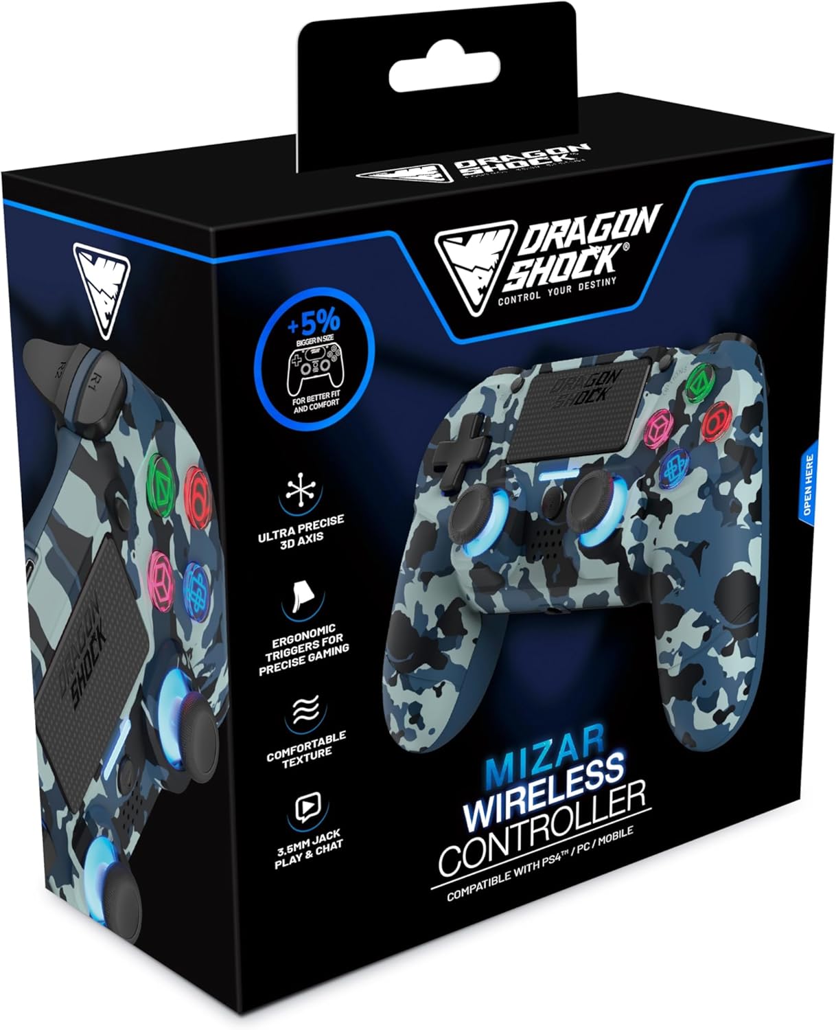 DragonShock - MIZAR BT Wireless Controller Blue Camouflage for PS4, PC and Mobile Phones