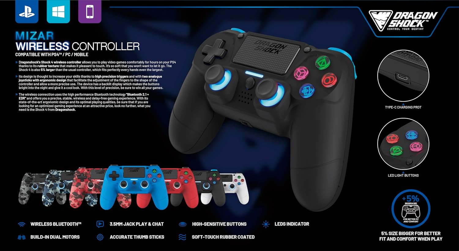 DragonShock - MIZAR BT Blue Wireless Controller for PS4, PC and Mobile Devices