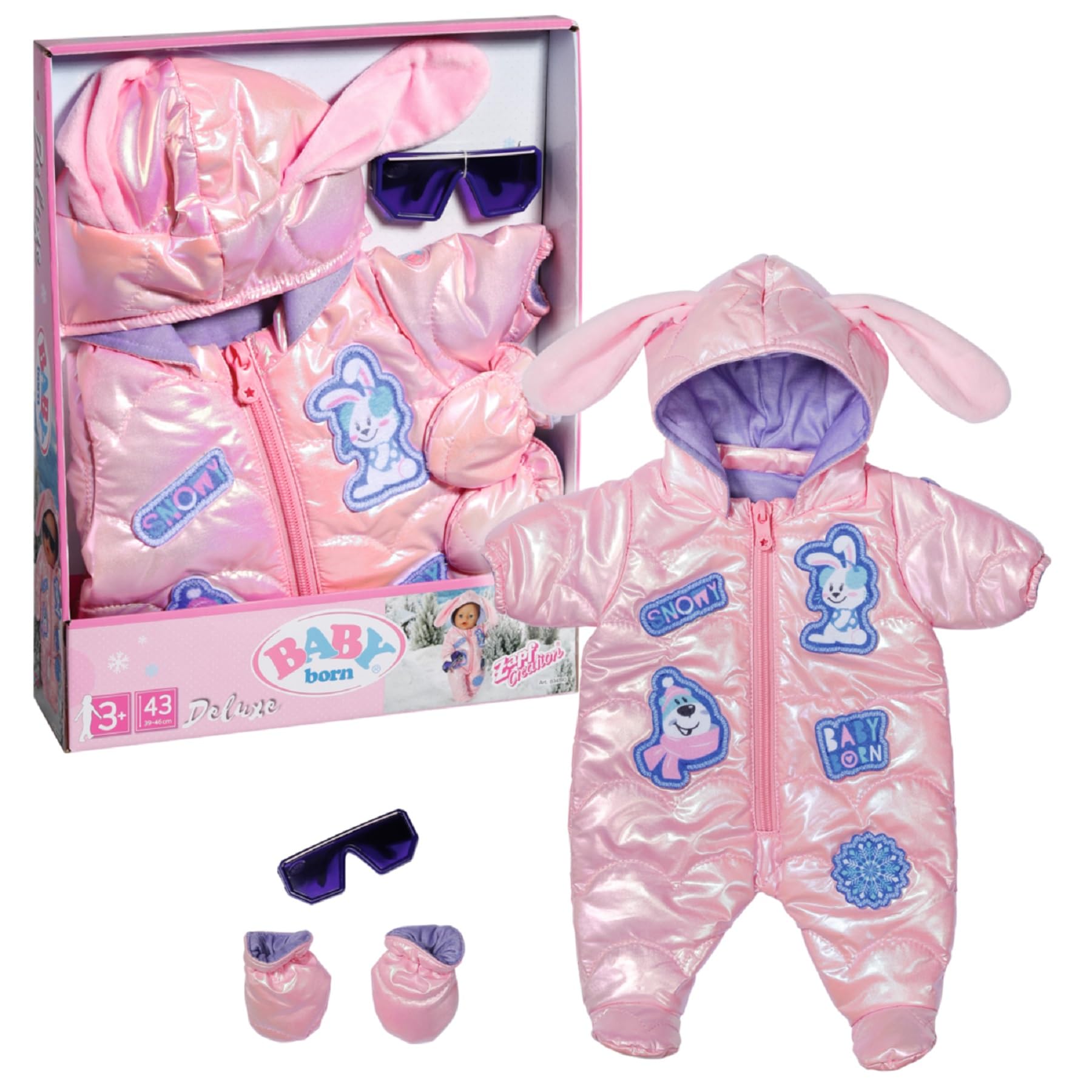 BABY born Deluxe Snowsuit 834190 - Winter Outfit for 43cm Dolls with Matching Gloves and Sunglasses - Suitable for Kids From 3+ Years