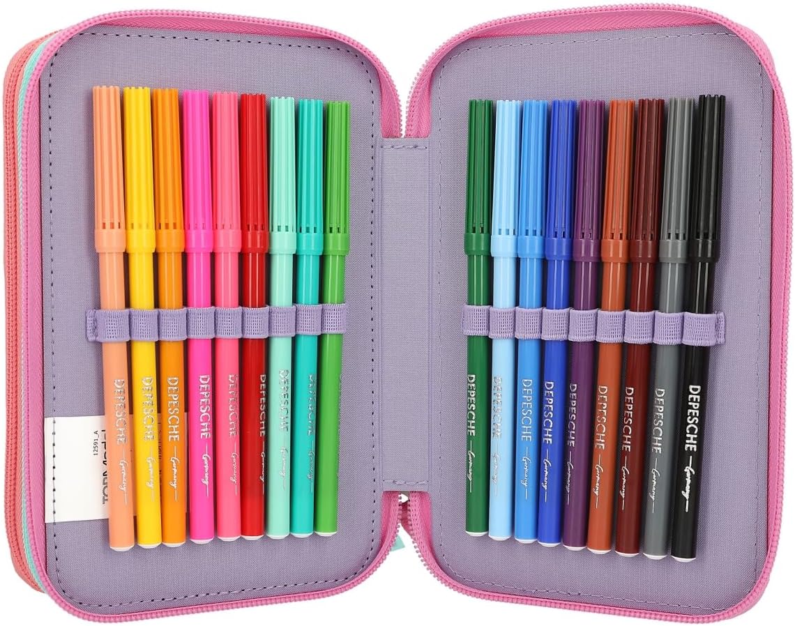 Depesche 12591 TOPModel Snap Shots-Filled 3-Compartment Cute Embroidery Details, case with Coloured Pencils, Ruler, Scissors and Much More, Multicoloured