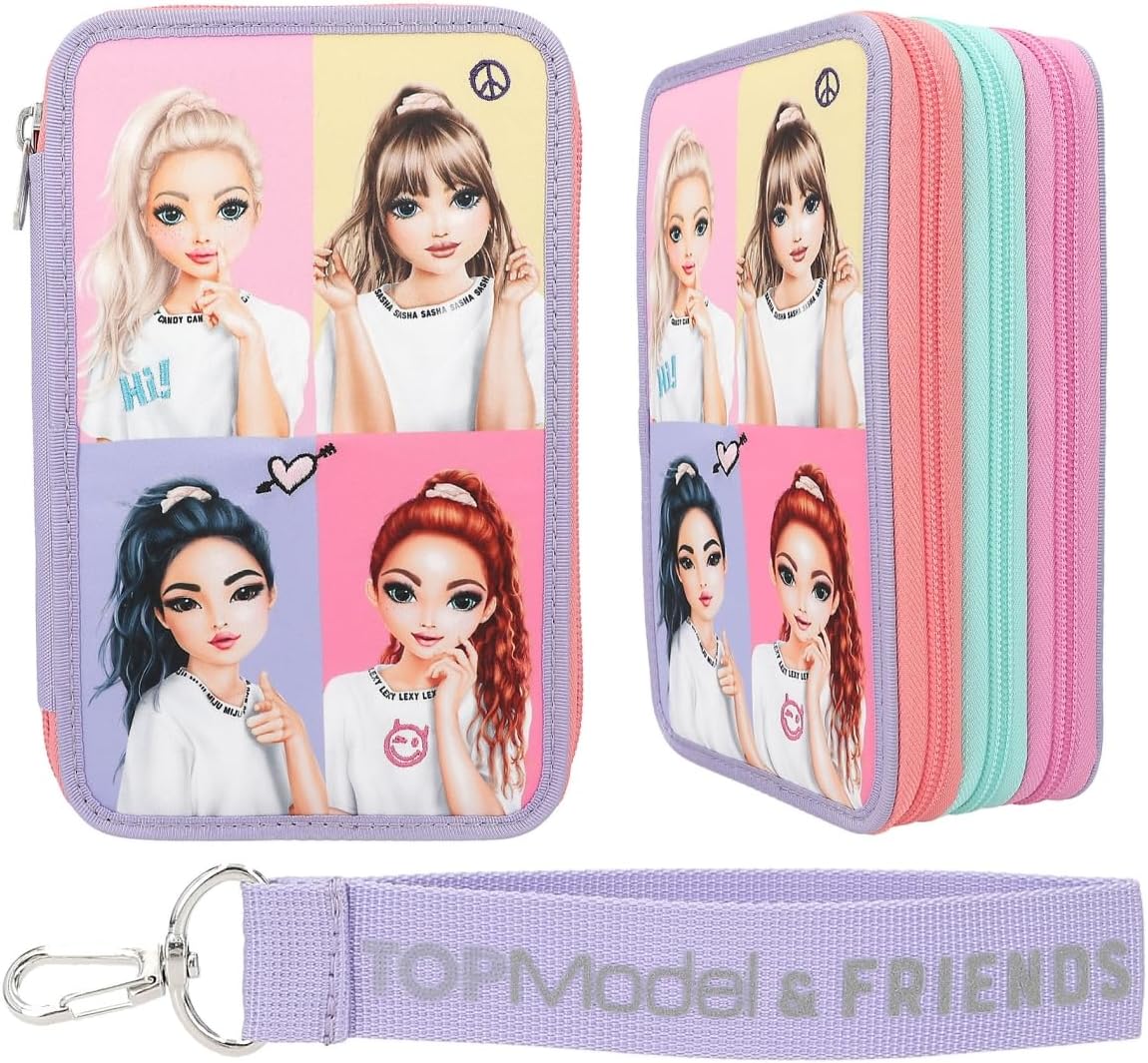 Depesche 12591 TOPModel Snap Shots-Filled 3-Compartment Cute Embroidery Details, case with Coloured Pencils, Ruler, Scissors and Much More, Multicoloured
