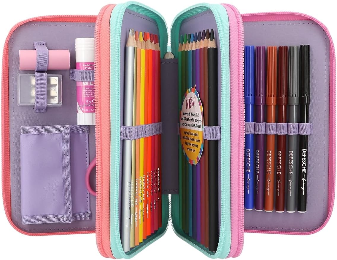 Depesche 12591 TOPModel Snap Shots-Filled 3-Compartment Cute Embroidery Details, case with Coloured Pencils, Ruler, Scissors and Much More, Multicoloured