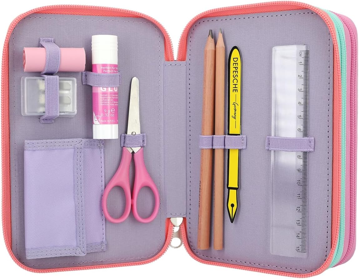 Depesche 12591 TOPModel Snap Shots-Filled 3-Compartment Cute Embroidery Details, case with Coloured Pencils, Ruler, Scissors and Much More, Multicoloured