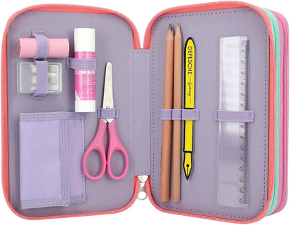 Depesche 12591 TOPModel Snap Shots-Filled 3-Compartment Cute Embroidery Details, case with Coloured Pencils, Ruler, Scissors and Much More, Multicoloured