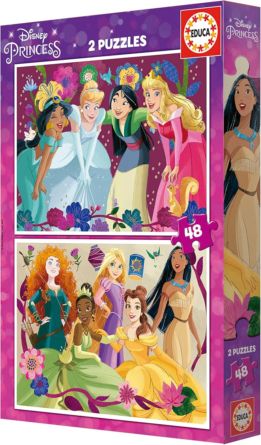 Educa - Disney Princess, 2 x 48 Teile Puzzle-Set für Kinder ab 4 Jahren, Prinzessinnen, Rapunzel, Mulan, Belle, Pocahontas (19675