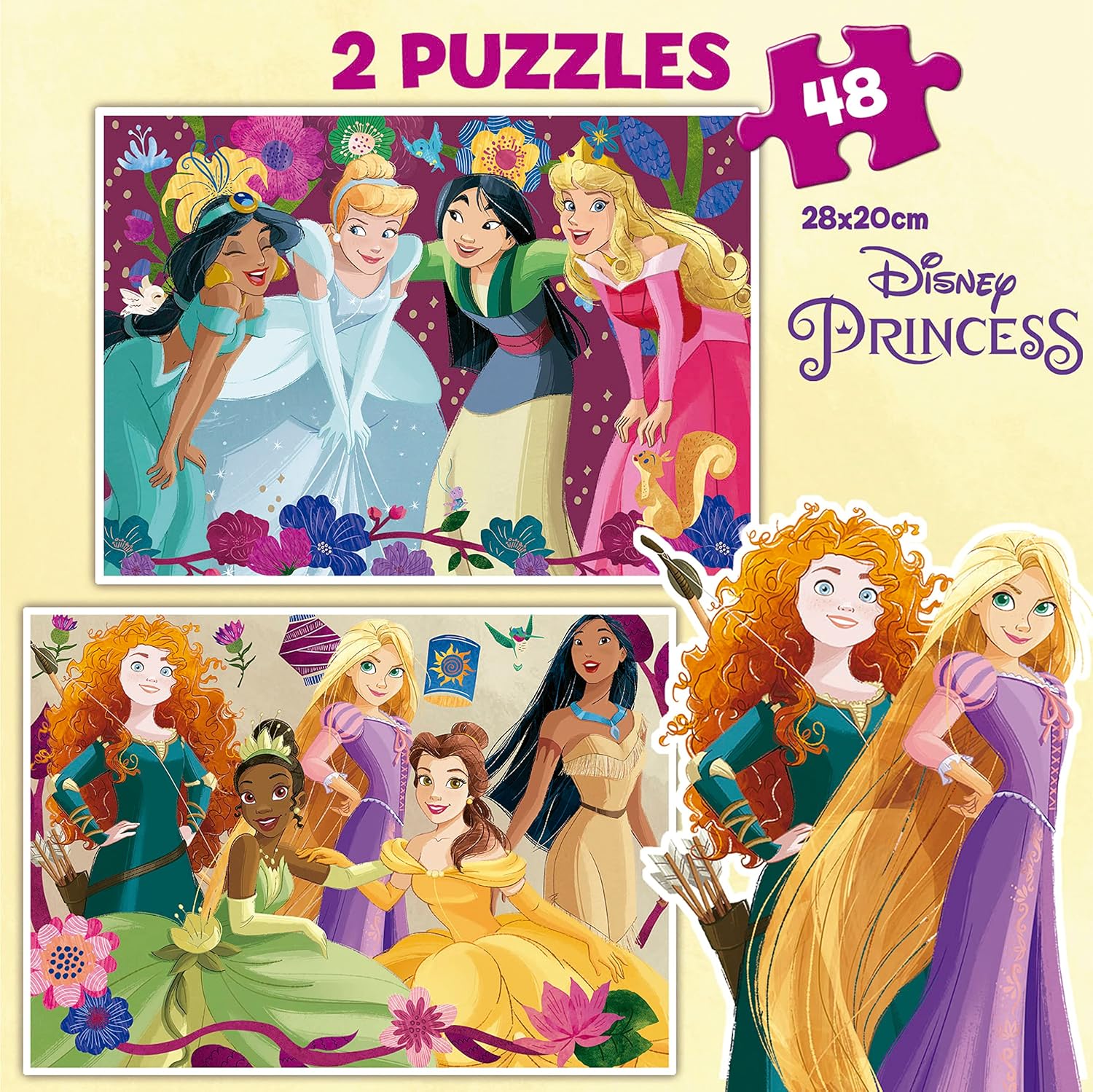 Educa - Disney Princess, 2 x 48 Teile Puzzle-Set für Kinder ab 4 Jahren, Prinzessinnen, Rapunzel, Mulan, Belle, Pocahontas (19675