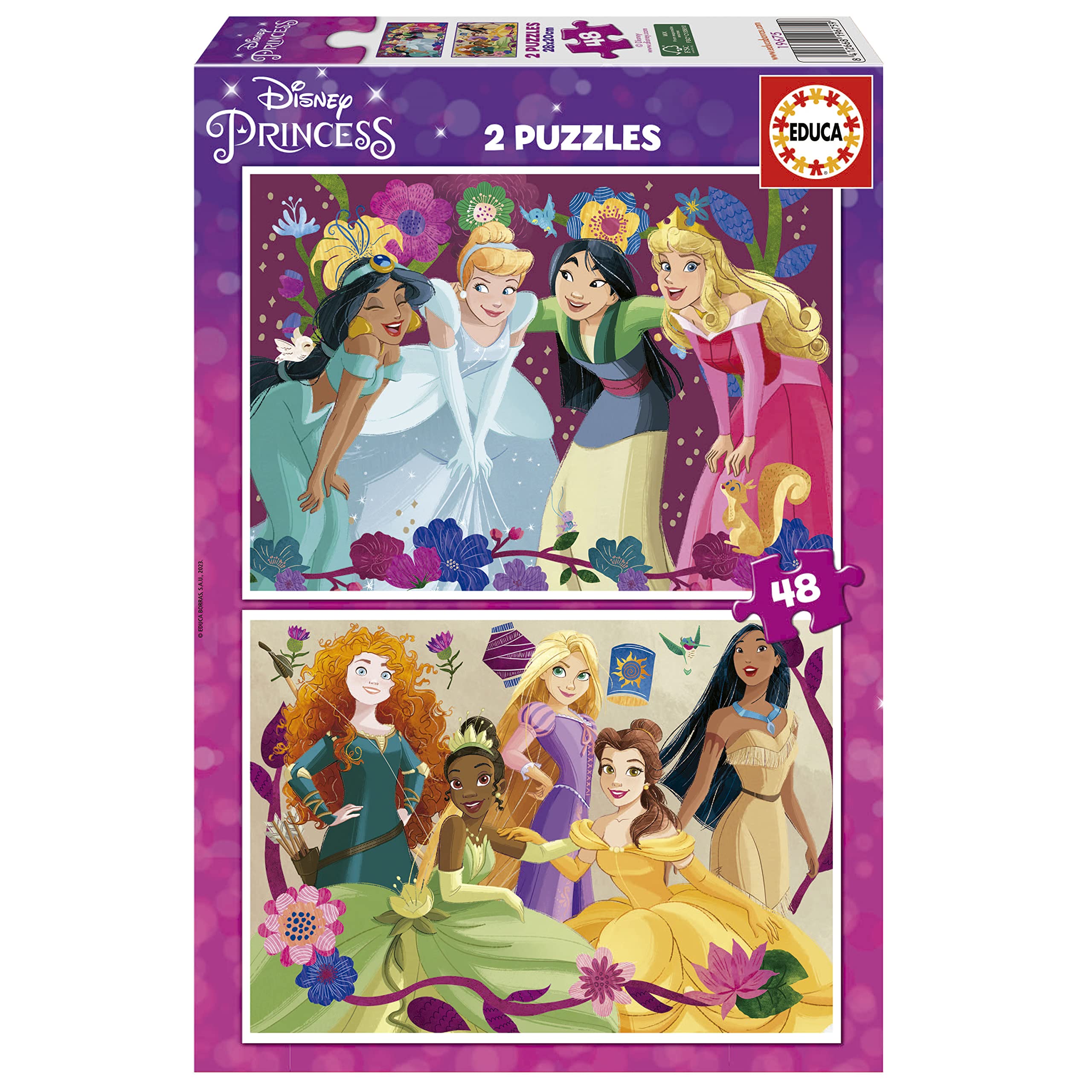 Educa - Disney Princess, 2 x 48 Teile Puzzle-Set für Kinder ab 4 Jahren, Prinzessinnen, Rapunzel, Mulan, Belle, Pocahontas (19675