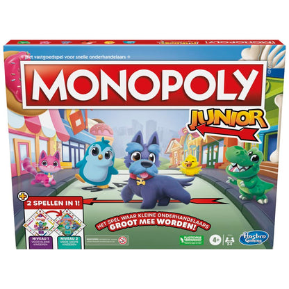 Monopoly Junior-bordspel, 2-zijdig spelbord, 2 spellen in 1, Monopoly-spel voor jongere kinderen; kinderspellen, Junior-spellen (Nederlandse versie)