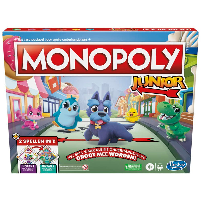 Monopoly Junior-bordspel, 2-zijdig spelbord, 2 spellen in 1, Monopoly-spel voor jongere kinderen; kinderspellen, Junior-spellen (Nederlandse versie)