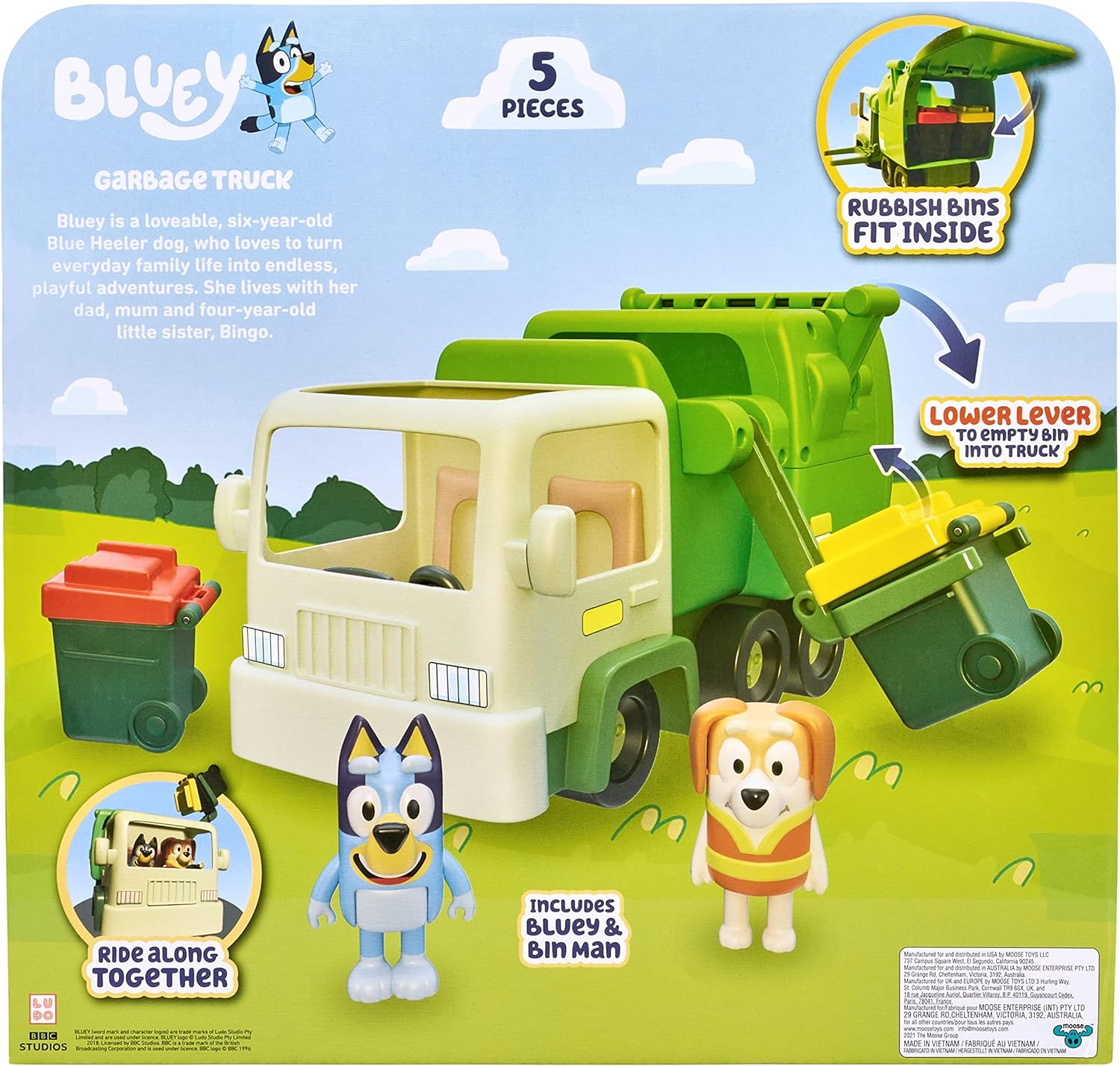 Bluey Garbage Truck Vehicle Playset With Two 2.5"-3" Official Collectable Character Action Figures With The Bin Man And 2 Rubbish Bin Accessories