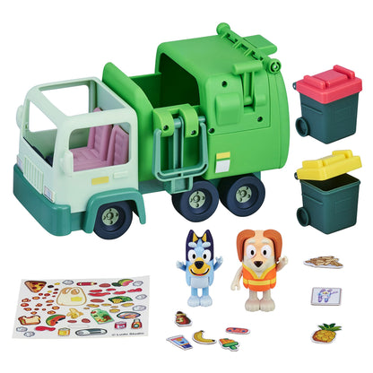 Bluey Garbage Truck Vehicle Playset With Two 2.5"-3" Official Collectable Character Action Figures With The Bin Man And 2 Rubbish Bin Accessories