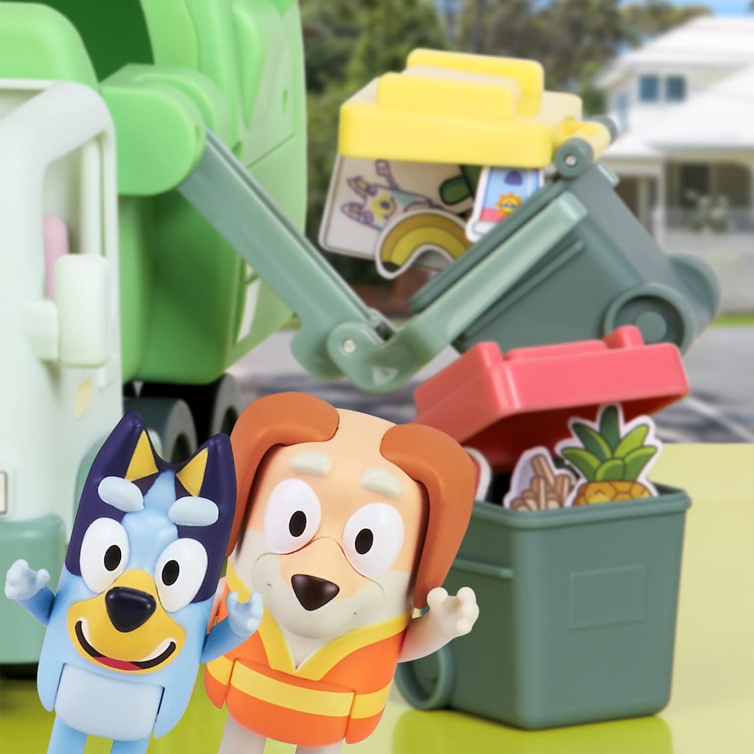 Bluey Garbage Truck Vehicle Playset With Two 2.5"-3" Official Collectable Character Action Figures With The Bin Man And 2 Rubbish Bin Accessories