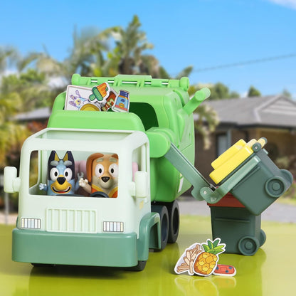 Bluey Garbage Truck Vehicle Playset With Two 2.5"-3" Official Collectable Character Action Figures With The Bin Man And 2 Rubbish Bin Accessories