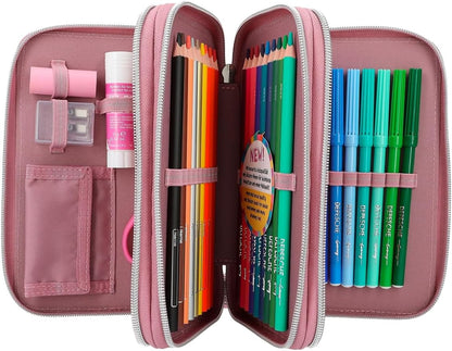 Depesche 12527 TOPModel Glitter Queen - Gevulde 3-vaks etui met drukknoopvak van glitterstof, etui met kleurpotloden, liniaal, schaar etc.