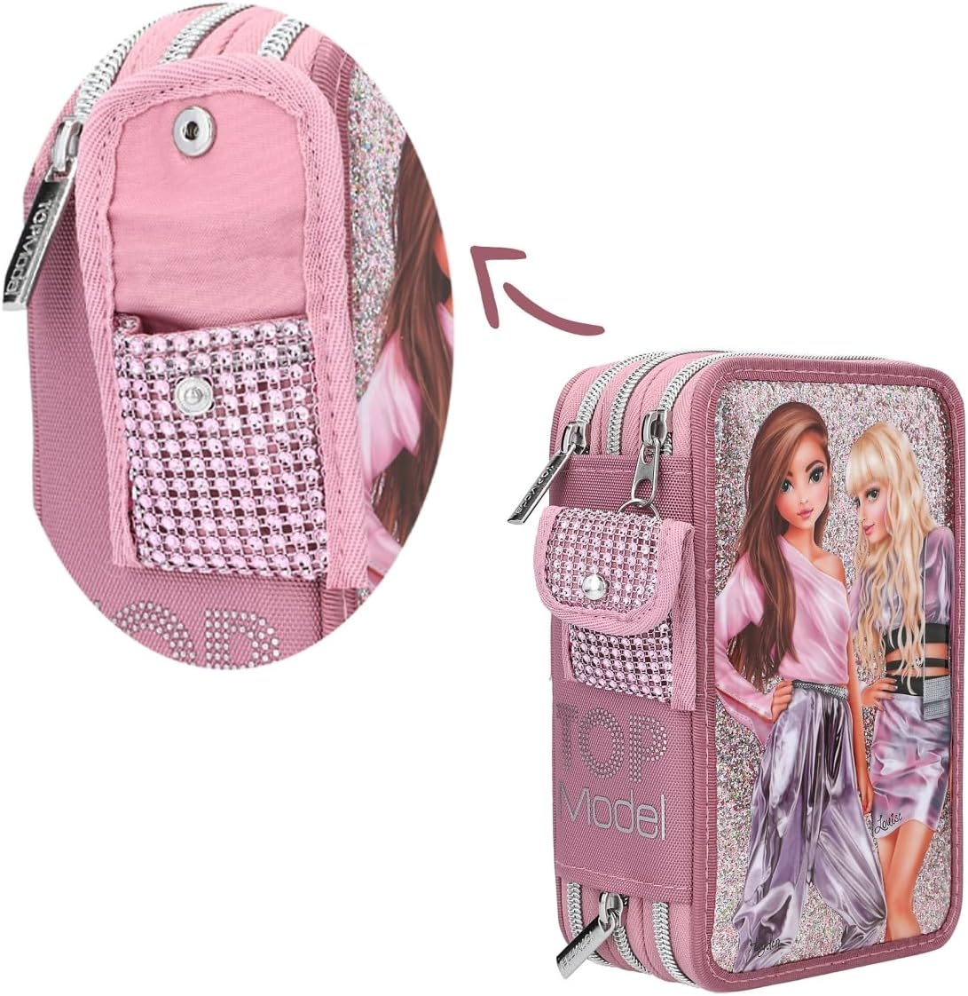 Depesche 12527 TOPModel Glitter Queen - Gevulde 3-vaks etui met drukknoopvak van glitterstof, etui met kleurpotloden, liniaal, schaar etc.