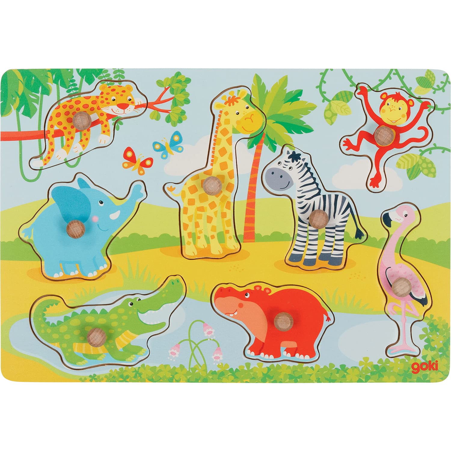 GOKI- Puzzle, cachorritos de África No Aplica Madera, Multicolor, único (57397