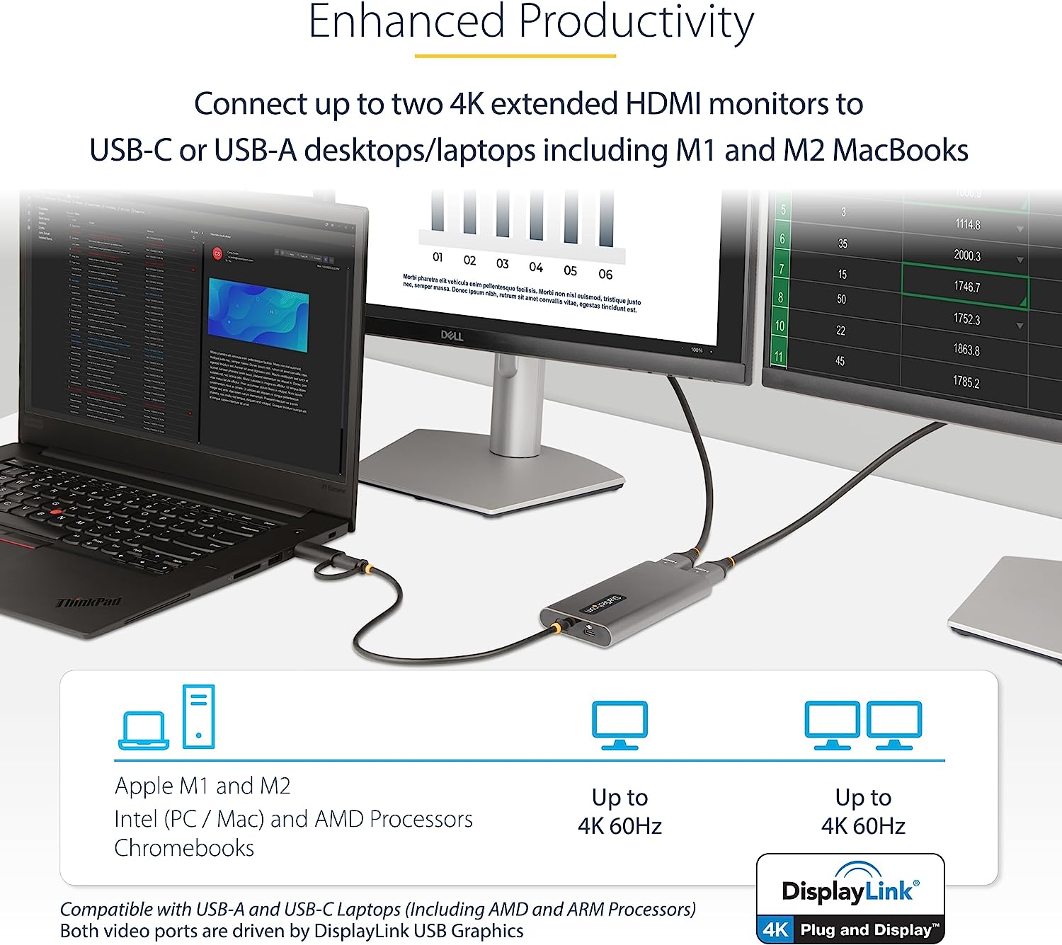 StarTech.com USB-C to Dual-HDMI Adapter - USB-C or A to 2x HDMI Monitors - 4K 60Hz - 100W PD Pass-Through - 1ft (30cm) Built-in Cable - USB to HDMI Multi-Monitor Converter for Laptop (109B-USBC-HDMI