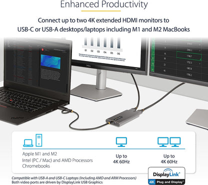 StarTech.com USB-C to Dual-HDMI Adapter - USB-C or A to 2x HDMI Monitors - 4K 60Hz - 100W PD Pass-Through - 1ft (30cm) Built-in Cable - USB to HDMI Multi-Monitor Converter for Laptop (109B-USBC-HDMI