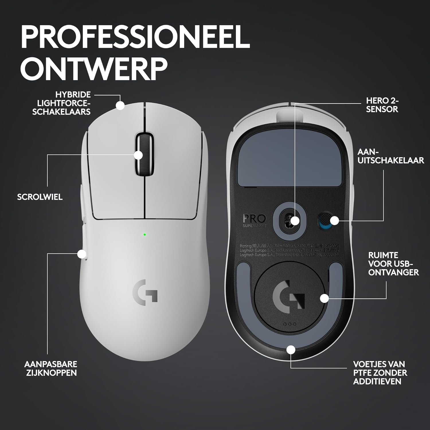 Logitech G PRO X SUPERLIGHT 2, Ratón inalámbrico para gamingratón Pro-Grade de 60 g con 5 botones programables, sensor de 44 000 DPI, velocidad de respuesta de 8 kHz, carga USB-C para PC/Mac - Blanco