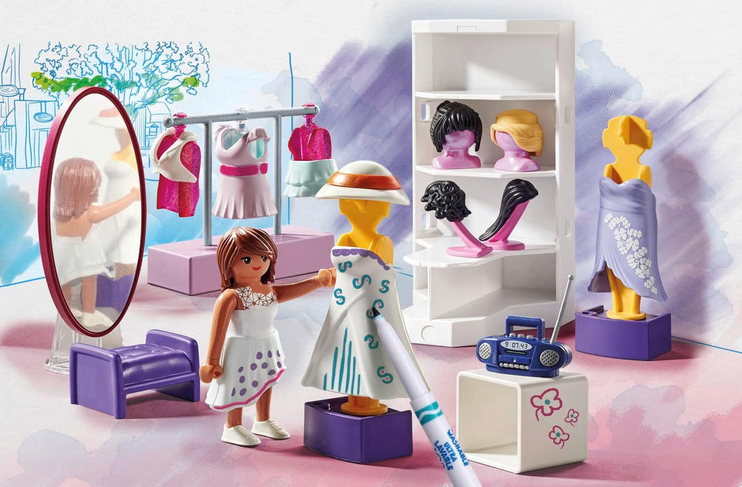 Playmobil 71373 Color Dressing Room, create unique designs for clothing styles, with water-soluble markers and accessories, imaginative role play, artistic play sets suitable for children ages 5+