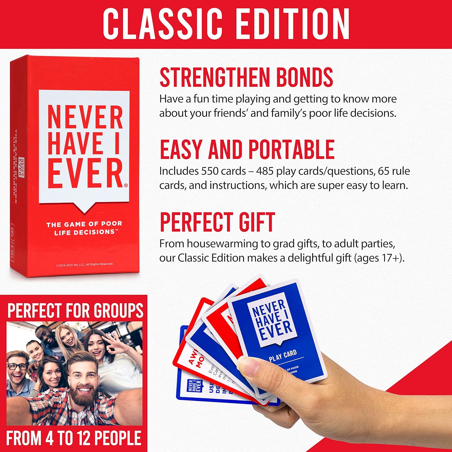 Never Have I Ever Classic Edition Card Game Set | Fun Game Night Party Games for Adults | For 4+ Players | Ages 17 +