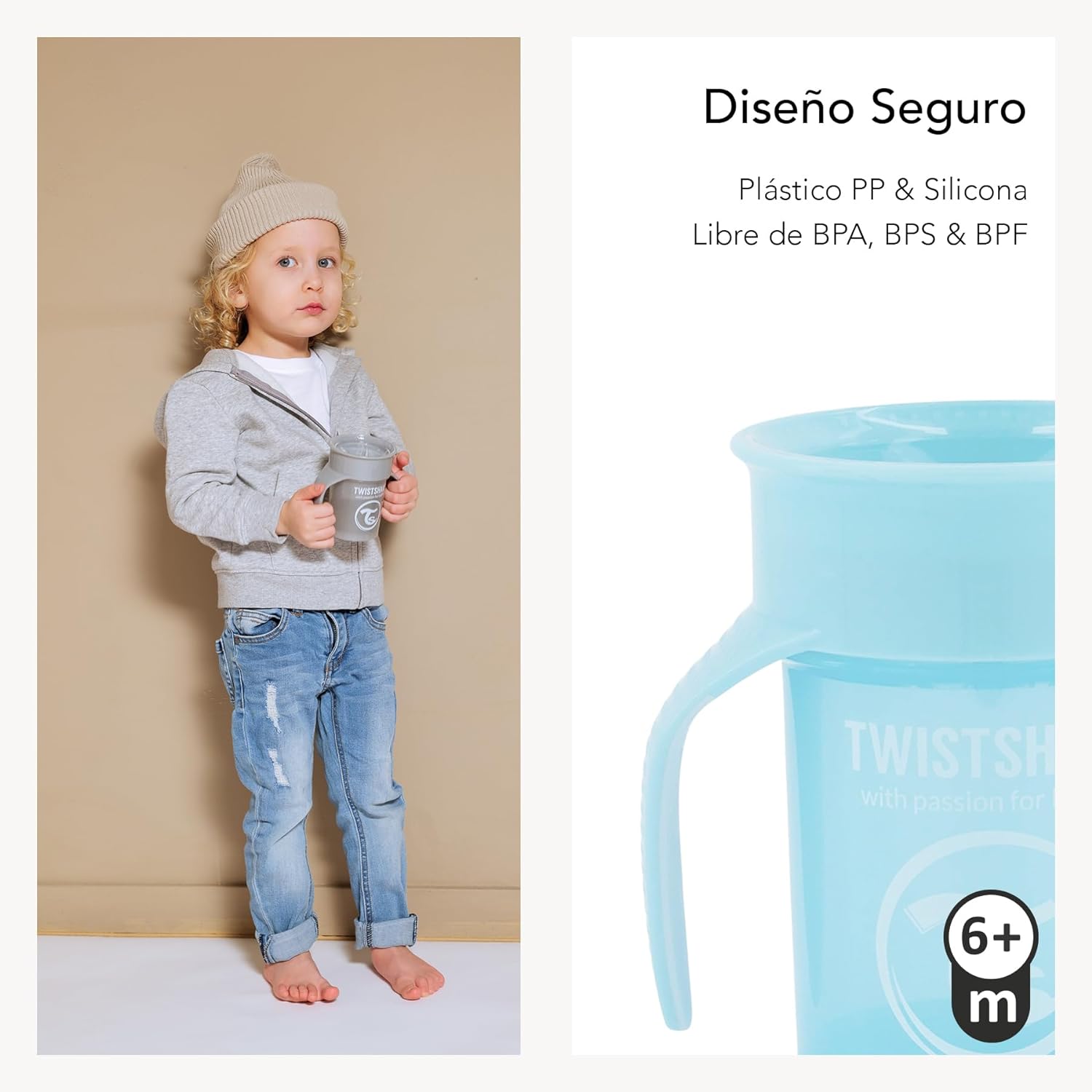 Twistshake 360 Cup Leak-Proof Sippy Cup 230 ml, Toddler Trainer Cup with 360° Drinking Rim, Ergonomic Learning Cup, from 6 Months, BPA Free, Pastel Grey