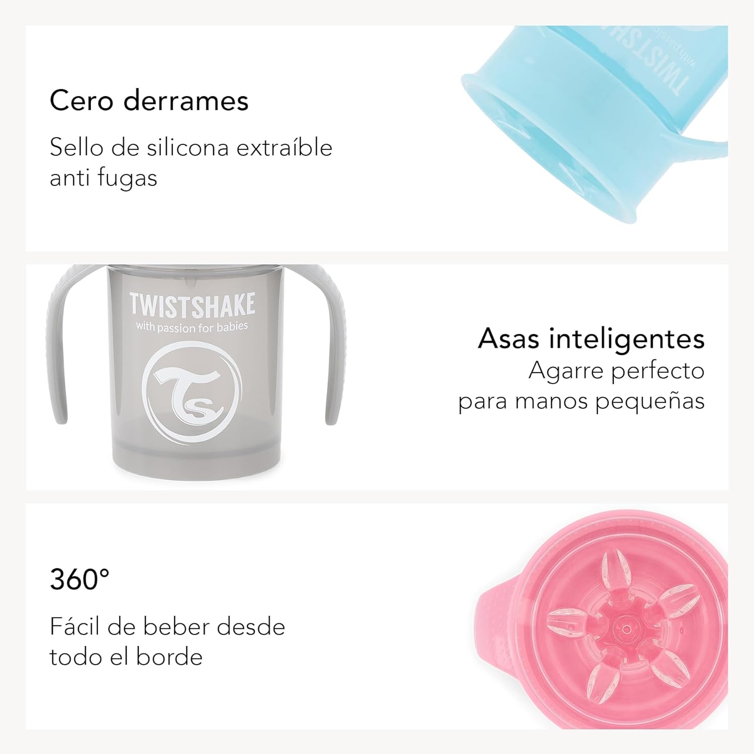 Twistshake 360 Cup Leak-Proof Sippy Cup 230 ml, Toddler Trainer Cup with 360° Drinking Rim, Ergonomic Learning Cup, from 6 Months, BPA Free, Pastel Grey