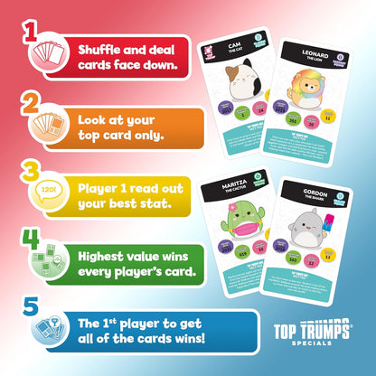 Top Trumps Squishmallows Specials Card Game, play with Cam the Cat, Leonard the Lion, Gordon the Shark, travel game, great educational gift for ages 6 plus