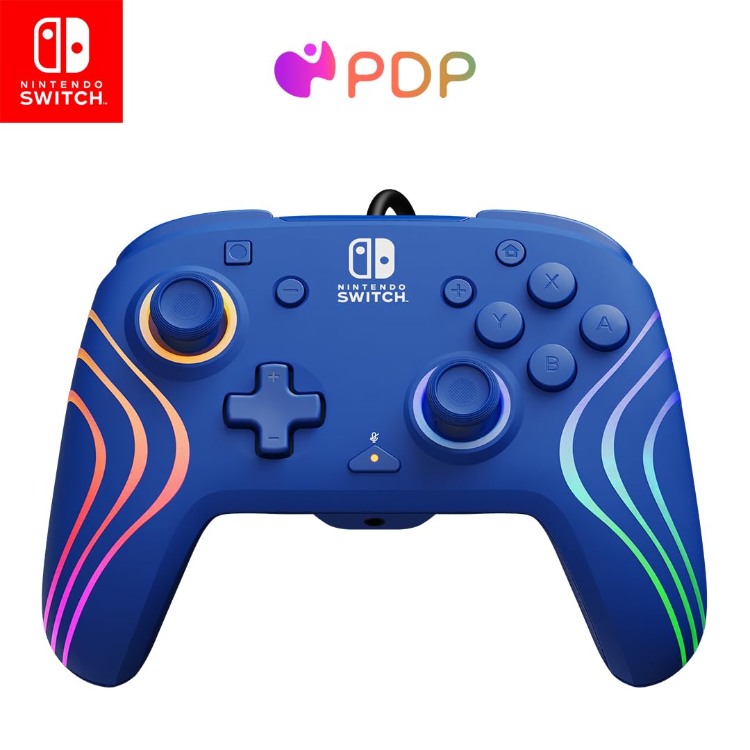 PDP Official Switch Afterglow Wave Wired Controller - Blue Prismatic Blue
