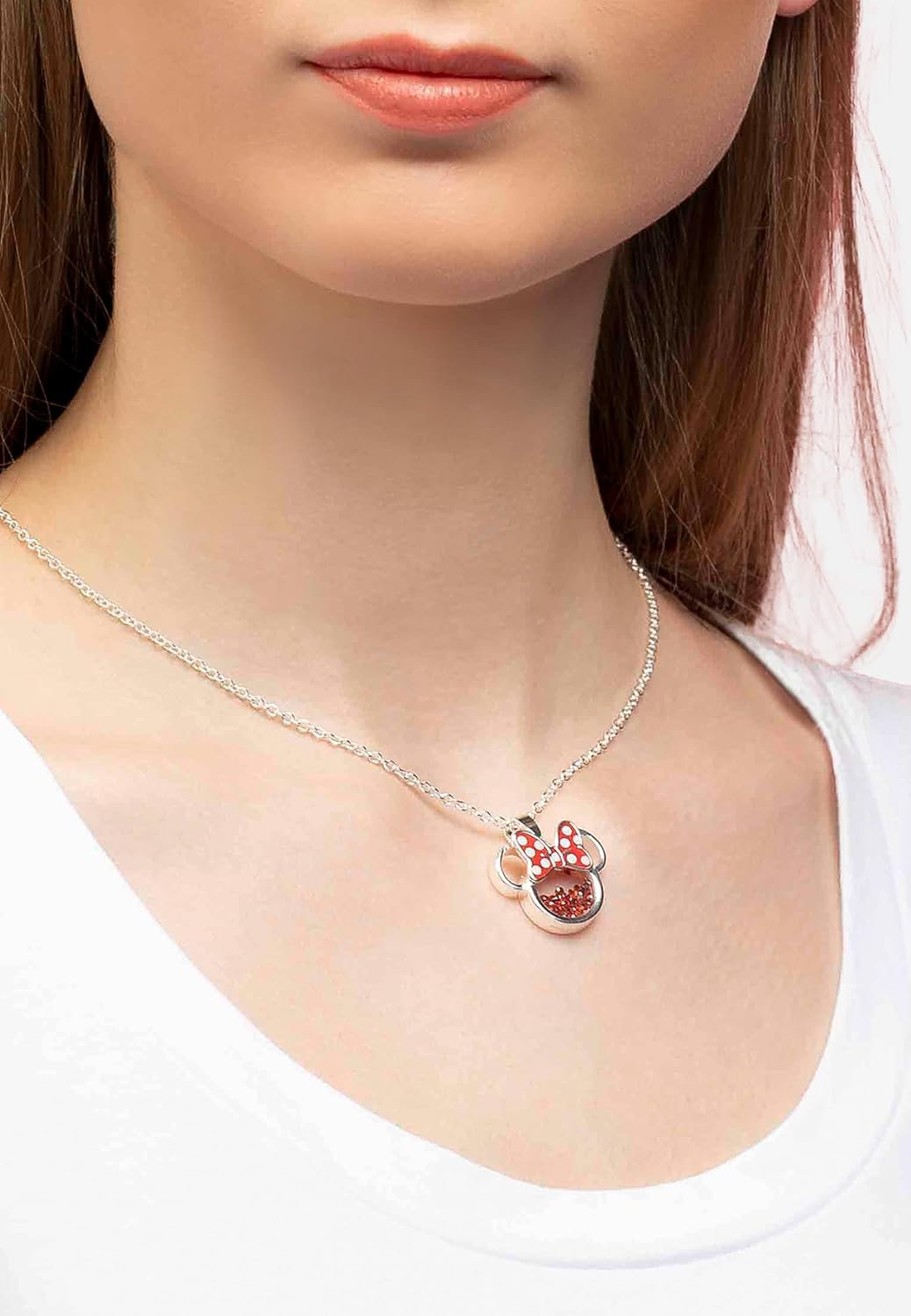 Disney Minnie Silver Plated Brass with Red enamel Bow January Birthstone Floating Stone Necklace CF00308SJANL-Q.PH
