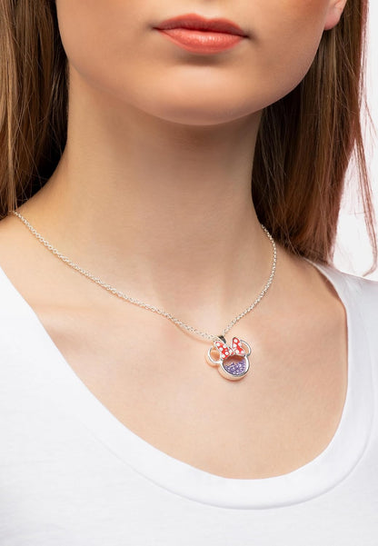 Disney Minnie Silver Plated Brass with Red enamel Bow February Birthstone Floating Stone Necklace CF00308SFEBL-Q.PH