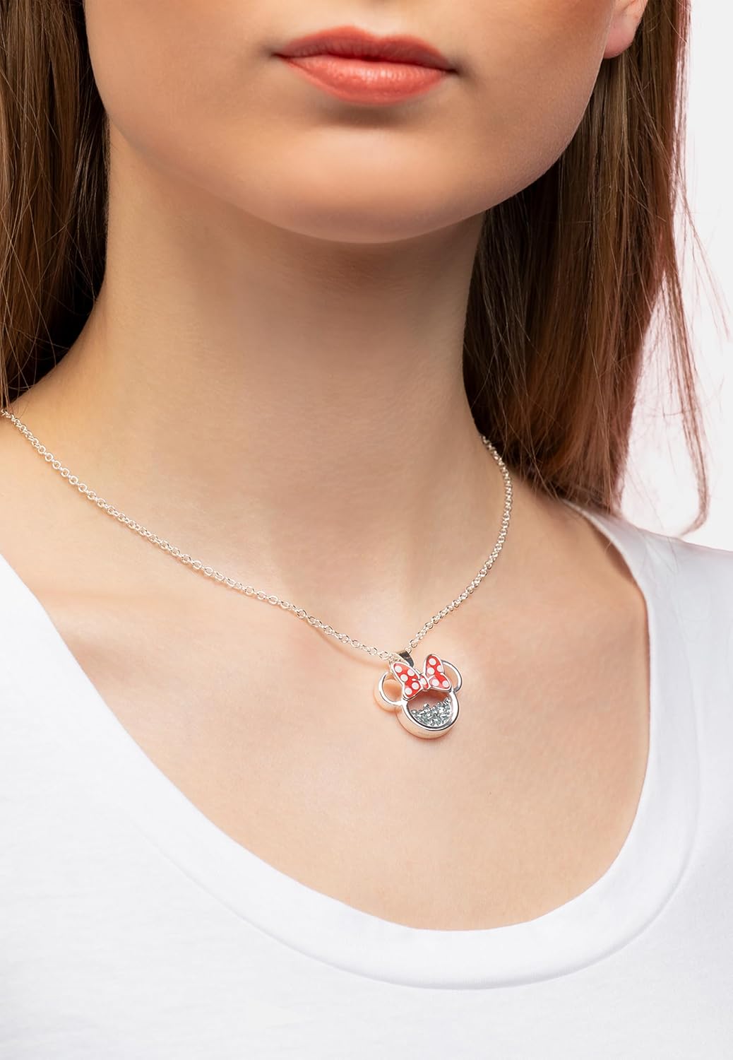 Disney Minnie Silver Plated Brass with Red enamel Bow April Birthstone Floating Stone Necklace CF00308SAPRL-Q.PH