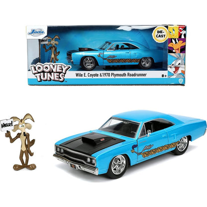 Jada Toys 253255028 Toons Road Runner Plymouth 1:24 Scale Die-Cast with Willy The Coyote, 8 Years Old Looney Tunes Models, Multi-Coloured