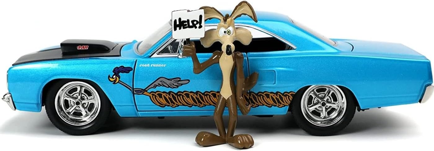 Jada Toys 253255028 Toons Road Runner Plymouth 1:24 Scale Die-Cast with Willy The Coyote, 8 Years Old Looney Tunes Models, Multi-Coloured