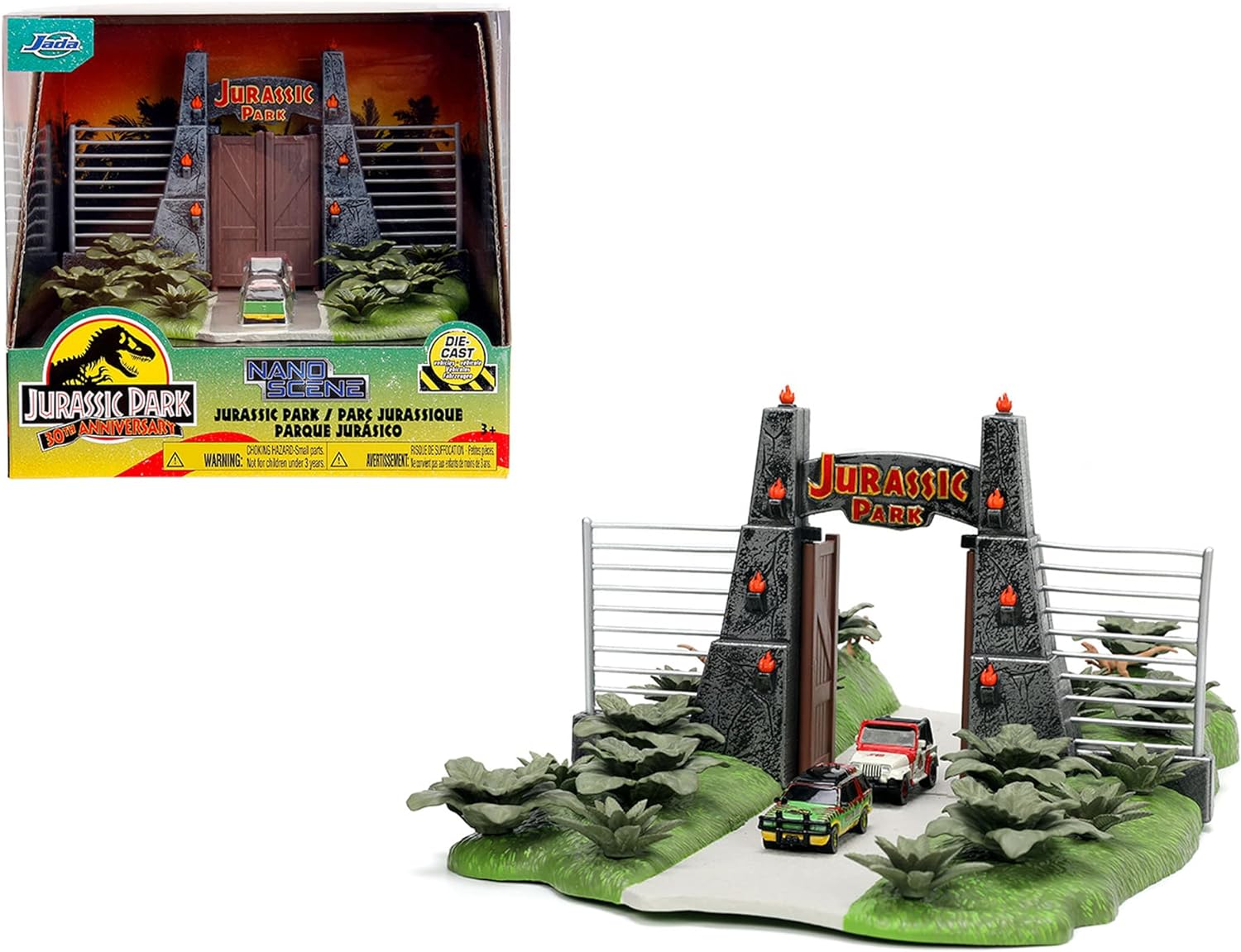 Jada- Jurassic Park Nanoescenario Puerta de Parque Jurásico, Especial 30 Aniversario de la Película Original, Con 2 Nanovehículos Metálicos de 4cm y 3 Dinosaurios (253252028)