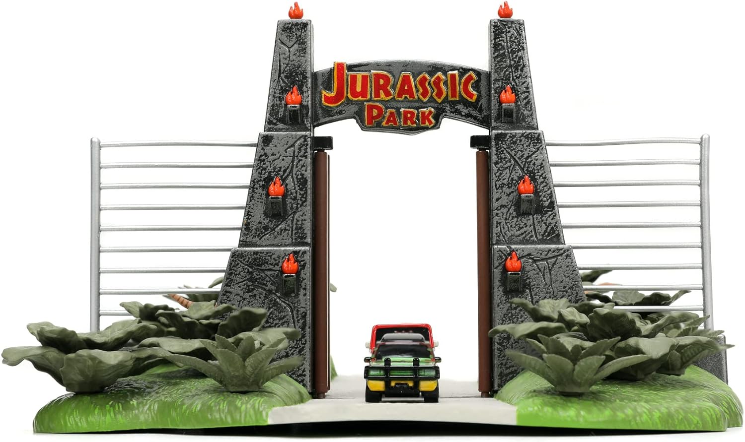 Jada- Jurassic Park Nanoescenario Puerta de Parque Jurásico, Especial 30 Aniversario de la Película Original, Con 2 Nanovehículos Metálicos de 4cm y 3 Dinosaurios (253252028)