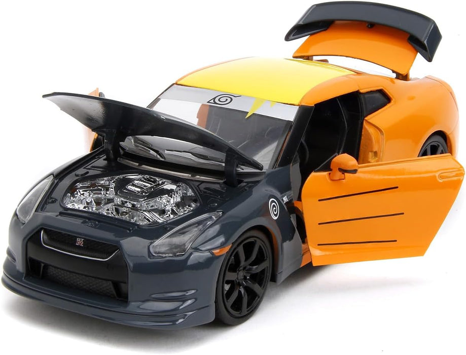 Jada- Naruto Coche Nissan GT-R 1:24 die-cast, rueda libre, apertura de puertas, capó, maletero, figura de Naruto die-cast (253255054