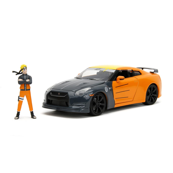 Jada- Naruto Coche Nissan GT-R 1:24 die-cast, rueda libre, apertura de puertas, capó, maletero, figura de Naruto die-cast (253255054