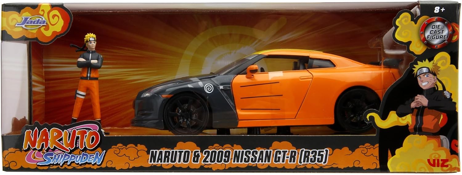 Jada- Naruto Coche Nissan GT-R 1:24 die-cast, rueda libre, apertura de puertas, capó, maletero, figura de Naruto die-cast (253255054